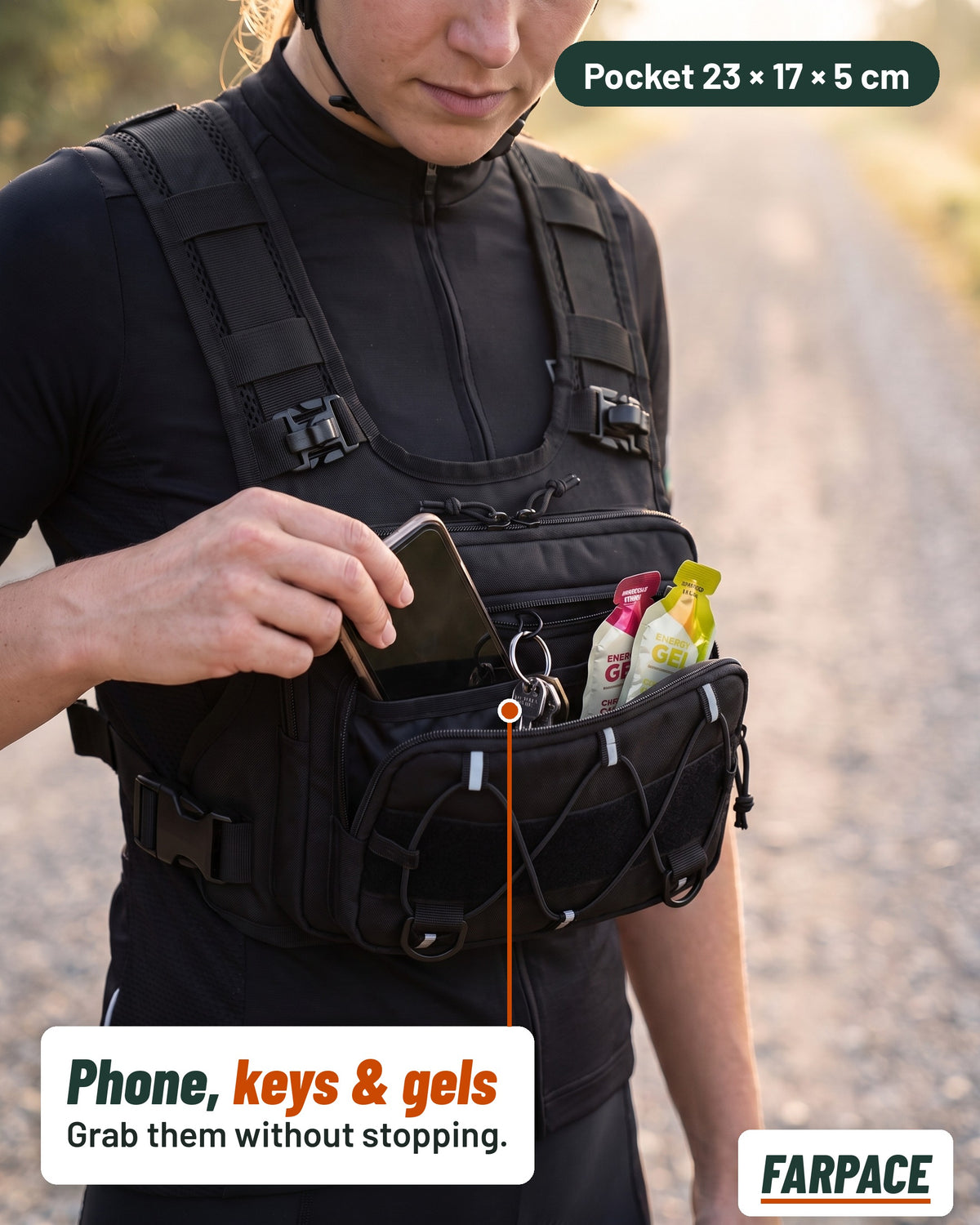 Runner taking her phone out of the Farpace front pocket, keys and gels inside
